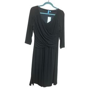 NEW B-Slim Black Dress Short Lined 3/4 Ruched Sleeves Faux Wrap Front P-XL